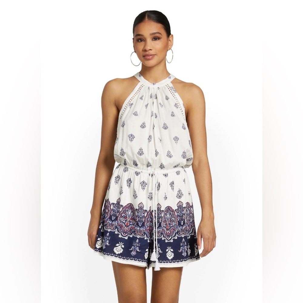 New York & Co Paisley White & Blue Halter Top Romper Size Large